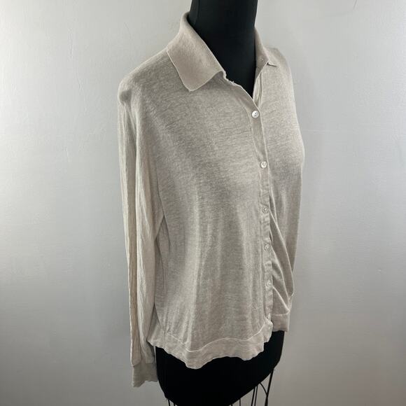 THEORY Beige Long Balloon Sleeve Linen Blend Button Down Shirt Top Blouse Size S - Picture 6 of 10